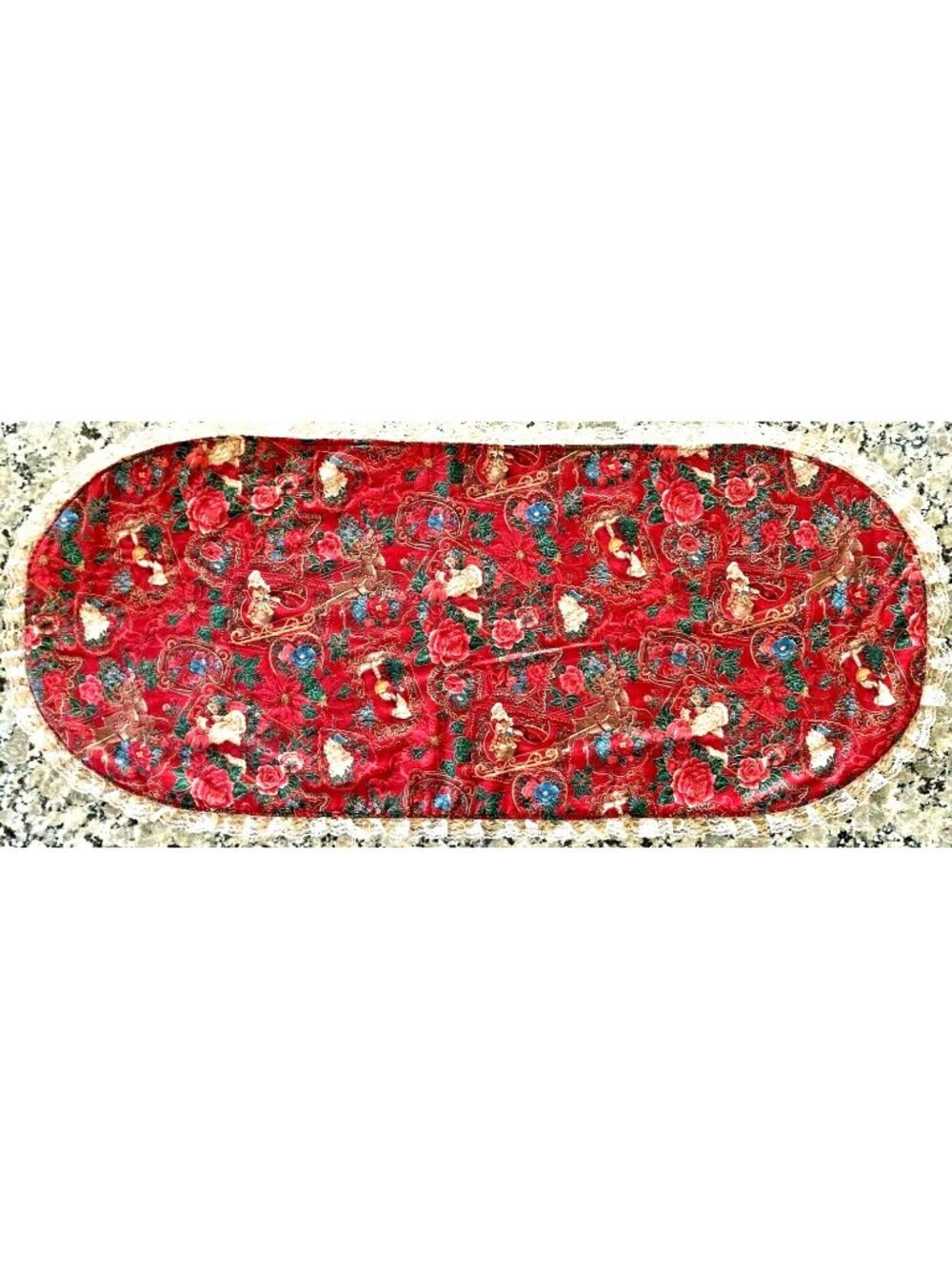 Vintage Mid Century Reversible Christmas / Easter Table Runner 41"x18" Lace Trim